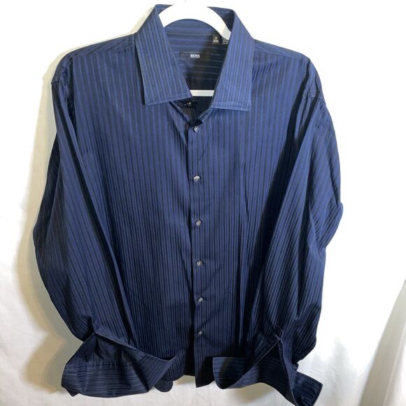 Hugo Boss Dress Shirt Mens Size Large Blue Striped French Cuffs Button Up Formal - Picture 1 of 12